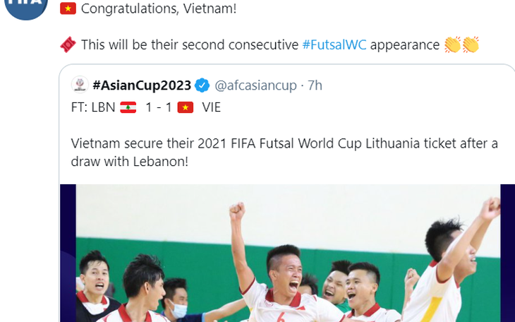 FIFA chúc mừng futsal Việt Nam lần thứ hai góp mặt ở World Cup