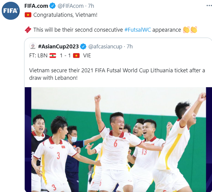 FIFA chúc mừng futsal Việt Nam lần thứ hai góp mặt ở World Cup - Ảnh 1.