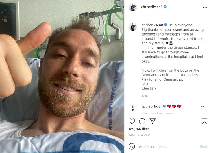 Eriksen đăng ảnh lên Instagram, cảm ơn sự quan tâm của mọi người - Ảnh 1.