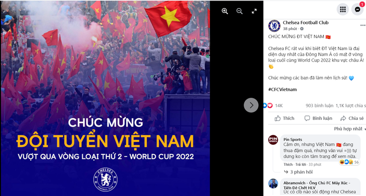 CLB Chelsea gửi lời chúc mừng Việt Nam giành vé đi tiếp bằng... tiếng Việt! - Ảnh 1.