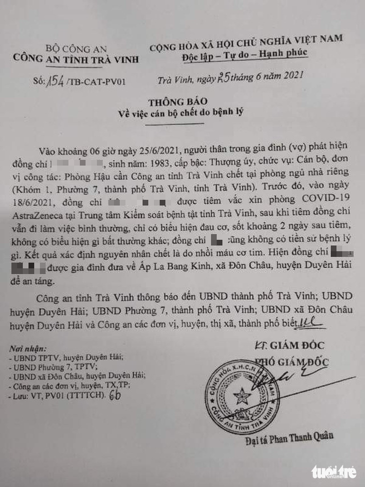 Thượng úy công an không tiền sử bệnh lý chết tại nhà là do nhồi máu cơ tim - Ảnh 1.