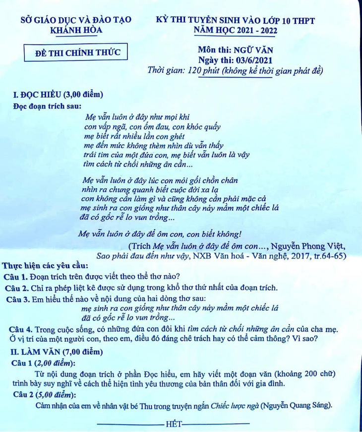 Đề văn lớp 10 ở Khánh Hòa: Tìm cách từ chối những ân cần của cha mẹ? - Ảnh 1.