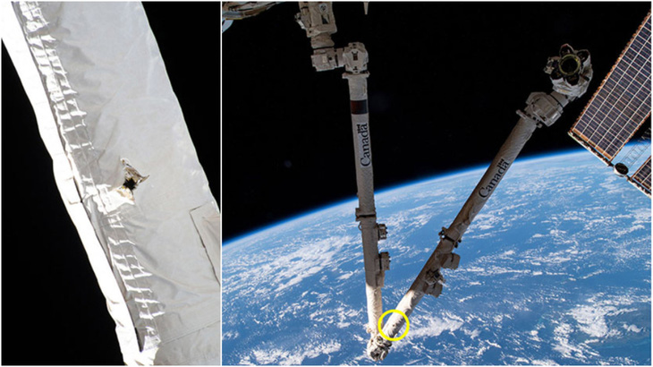 Rác vũ trụ chọc thủng cánh tay robot của trạm không gian ISS - Ảnh 1.