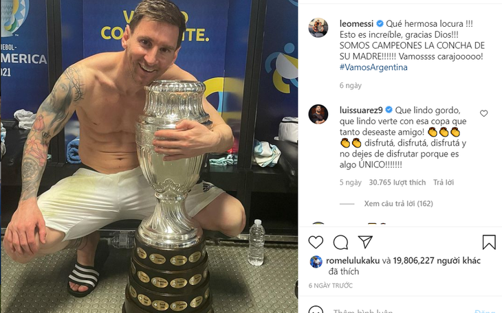 Ảnh Messi ôm cúp vô địch đạt gần 20 triệu like trên Instagram