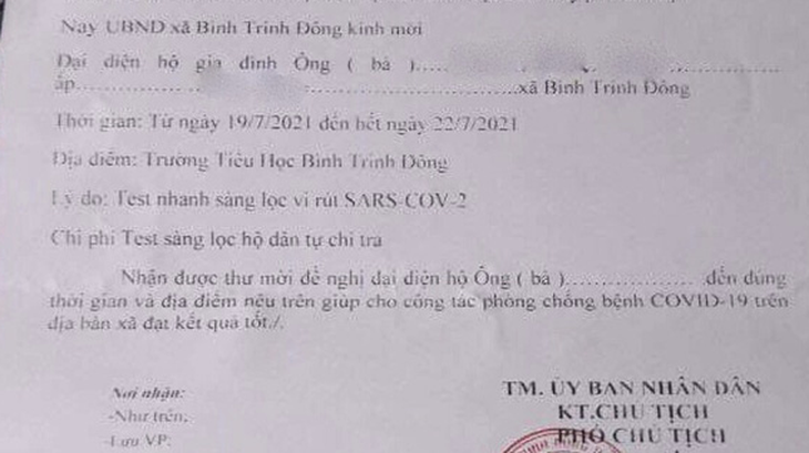 Thu hồi thư mời tự trả chi phí test nhanh sàng lọc, yêu cầu kiểm điểm người liên quan - Ảnh 1.