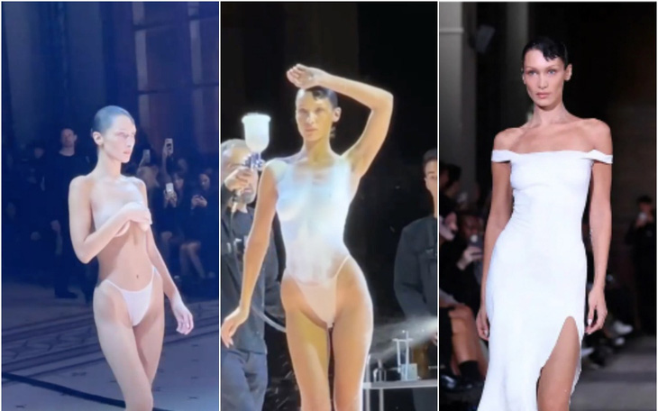 Bella Hadid để ngực trần, 1 phút sau đã được "úm ba la" thành váy phun sơn ngay trên sàn runway