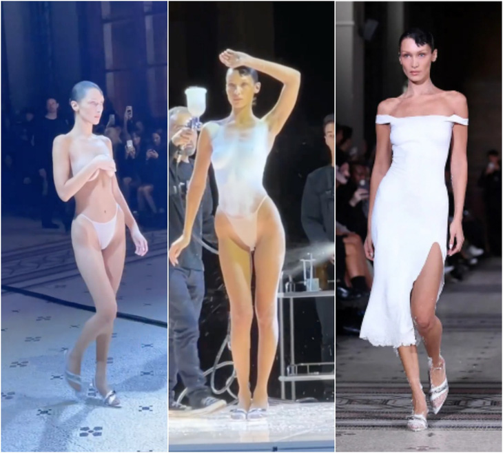 Bella Hadid để ngực trần, 1 phút sau đã được úm ba la thành váy phun sơn ngay trên sàn runway - Ảnh 2.