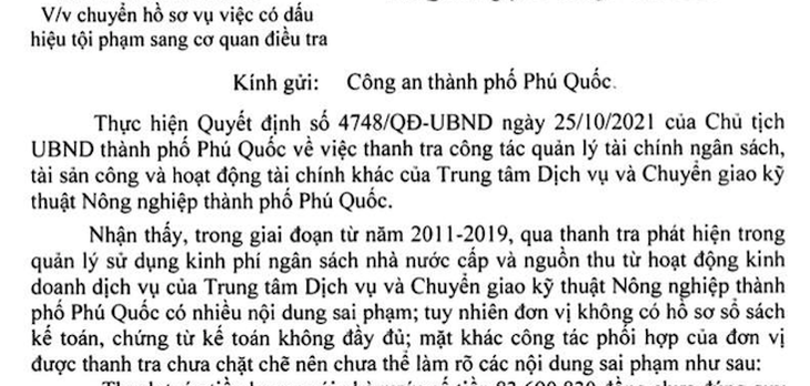 Chuyển công an điều tra sai phạm tại Trung tâm Chuyển giao kỹ thuật nông nghiệp TP Phú Quốc - Ảnh 1.