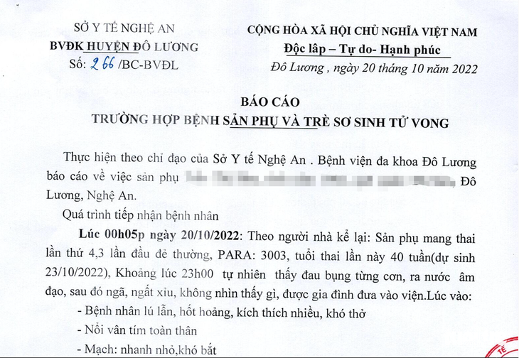 Báo cáo của Bệnh viện Đa khoa huyện Đô Lương về vụ mẹ con sản phụ tử vong - Ảnh 1.