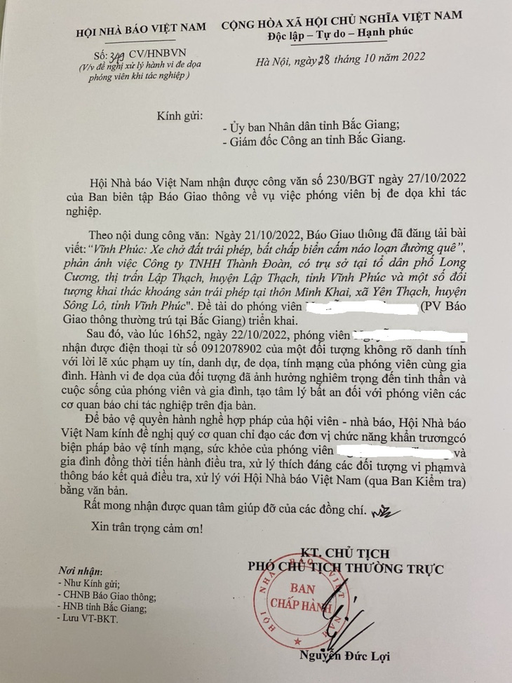 Hội Nhà báo Việt Nam đề nghị khẩn trương xử lý đối tượng dọa ‘giết cả nhà’ một phóng viên - Ảnh 1.