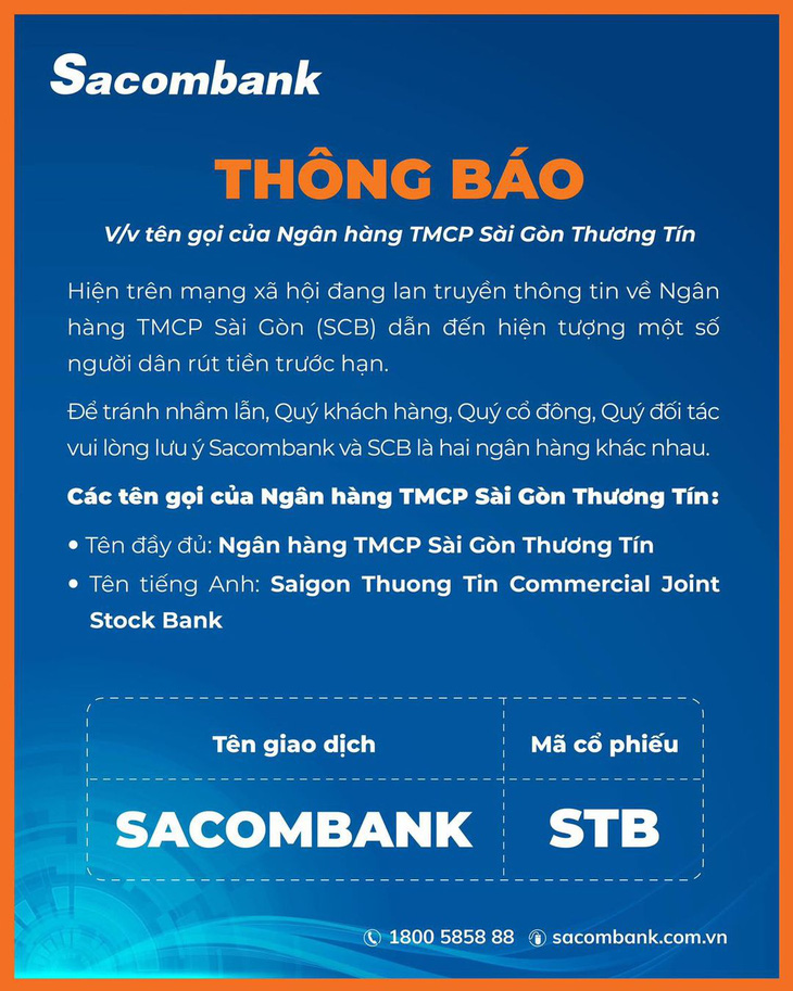 Sacombank lên tiếng vì cho rằng một số khách nhầm SCB là Sacombank - Ảnh 1.