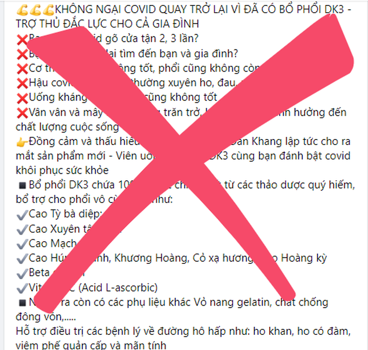 Cục An toàn thực phẩm: Viên bổ phổi DK3 đánh bật COVID quảng cáo sai sự thật - Ảnh 1.