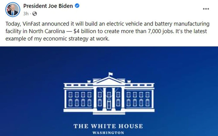 Tổng thống Biden hoan nghênh VinFast xây nhà máy sản xuất ô tô điện ở Mỹ