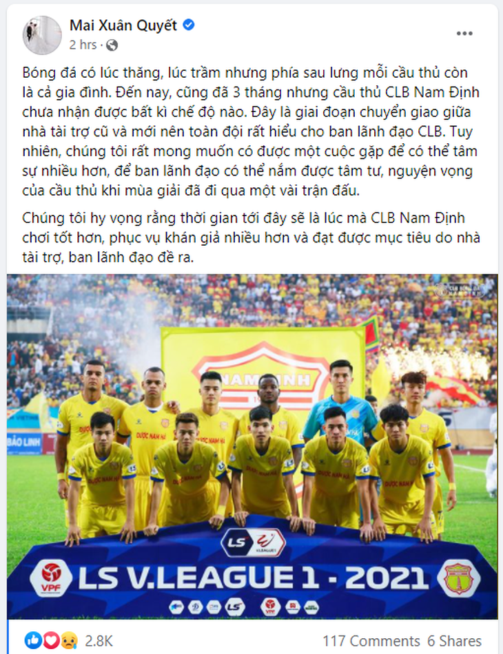 Cầu thủ đội Nam Định lên mạng bức xúc vì chậm lương thưởng hàng tháng - Ảnh 2.