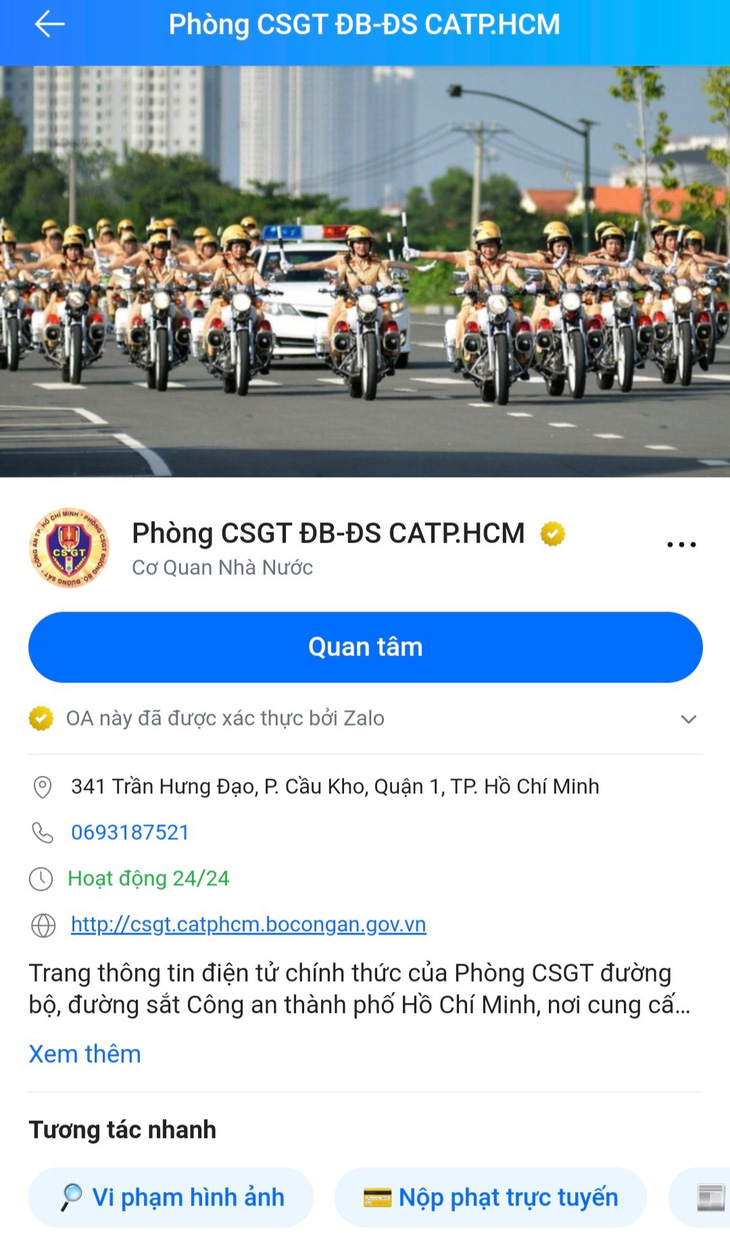 TP.HCM: Tra cứu lỗi phạt nguội, đặt lịch hẹn, gửi phản ảnh tới CSGT bằng Zalo - Ảnh 1.