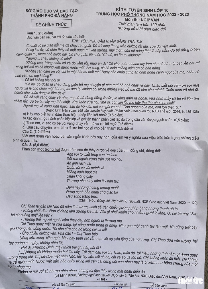 Thí sinh khen đề thi văn lớp 10 Đà Nẵng hay, dễ lấy điểm 8 - Ảnh 2.