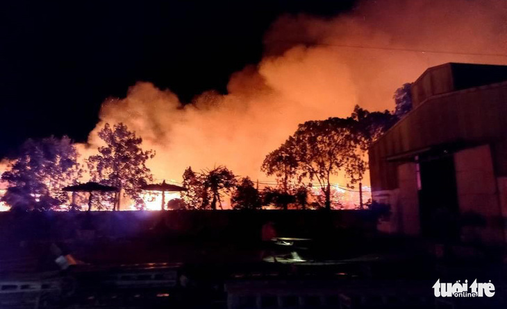 Xưởng gỗ, bao bì cháy dữ dội trong đêm, cả trăm người dân ứng cứu - Ảnh 2.