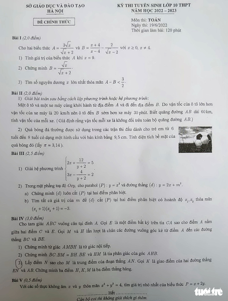 Đề thi toán kỳ thi vào lớp 10 ở Hà Nội vừa sức, nhiều thí sinh tự tin được 8, 9 điểm - Ảnh 1.