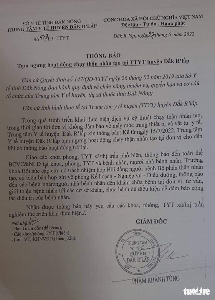 Thu hồi thông báo dừng chạy thận do trung tâm y tế huyện tự ý ban hành - Ảnh 1.