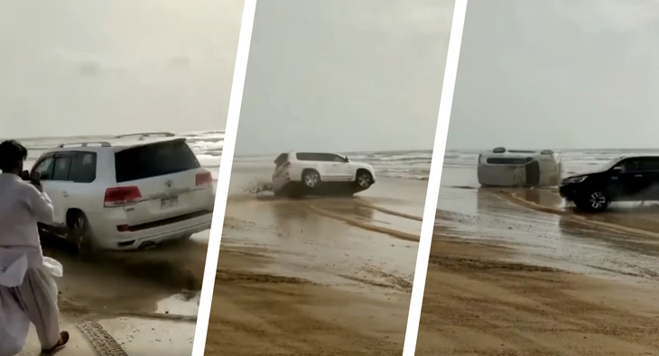 Toyota Land Cruiser đổ lật ê chề sau khi drift trên bờ biển - Ảnh 1.