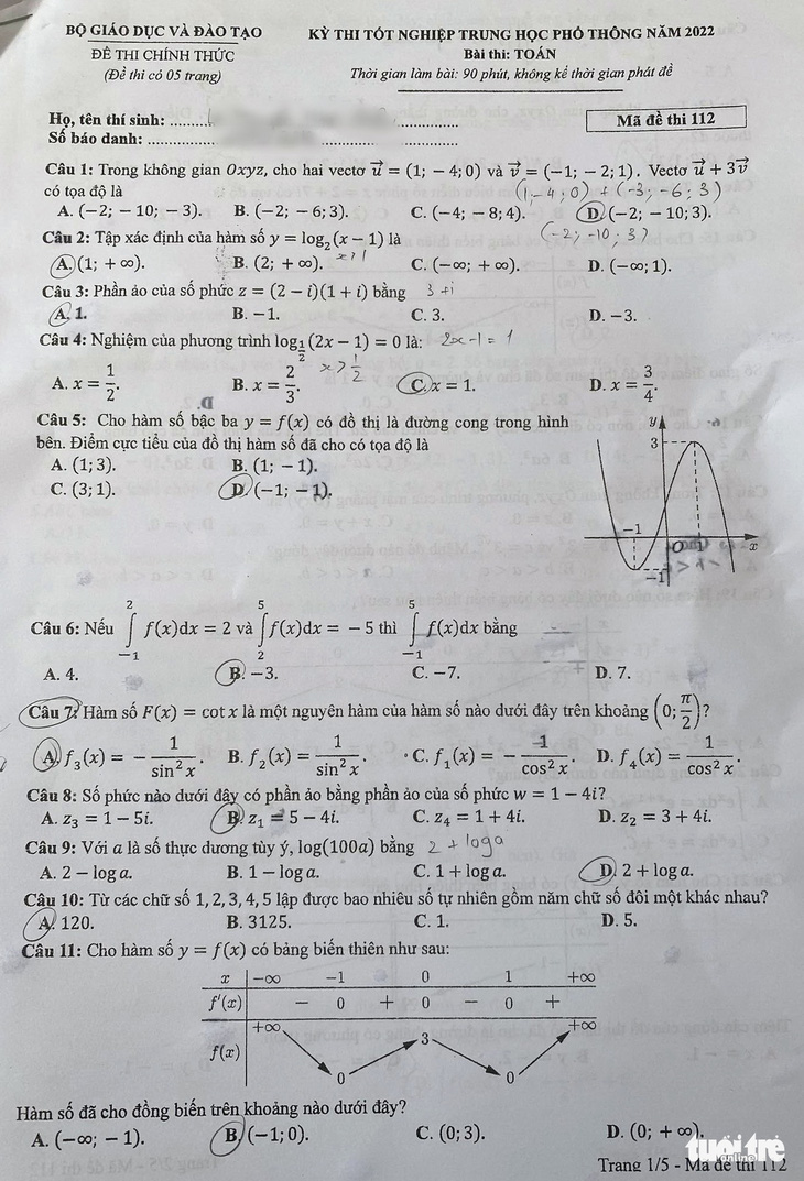 Đề thi toán kỳ thi tốt nghiệp THPT 2022 - Ảnh 1.
