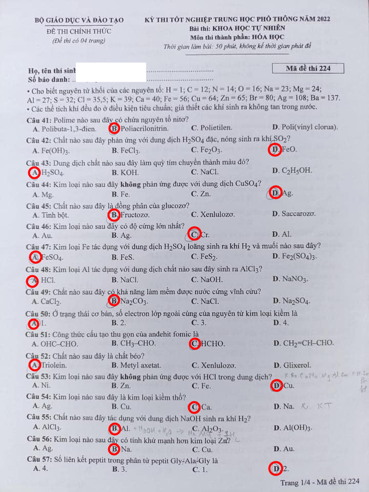 Gợi ý bài giải môn hóa học kỳ thi tốt nghiệp THPT 2022 - Ảnh 2.