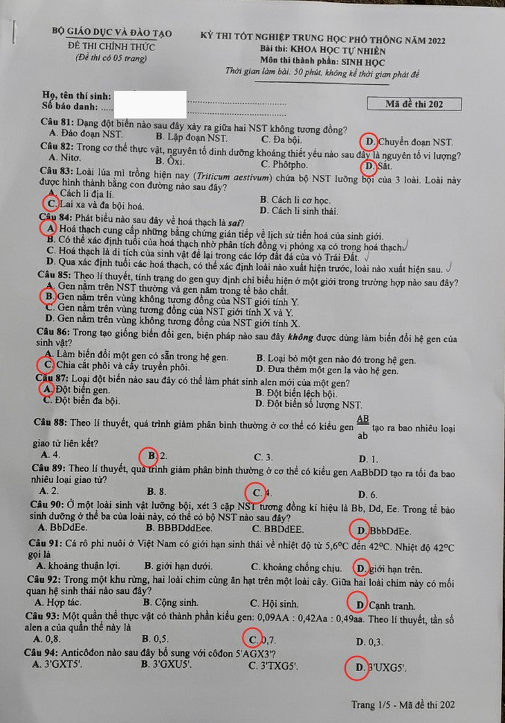 Gợi ý bài giải môn sinh học kỳ thi tốt nghiệp THPT 2022 - Ảnh 1.