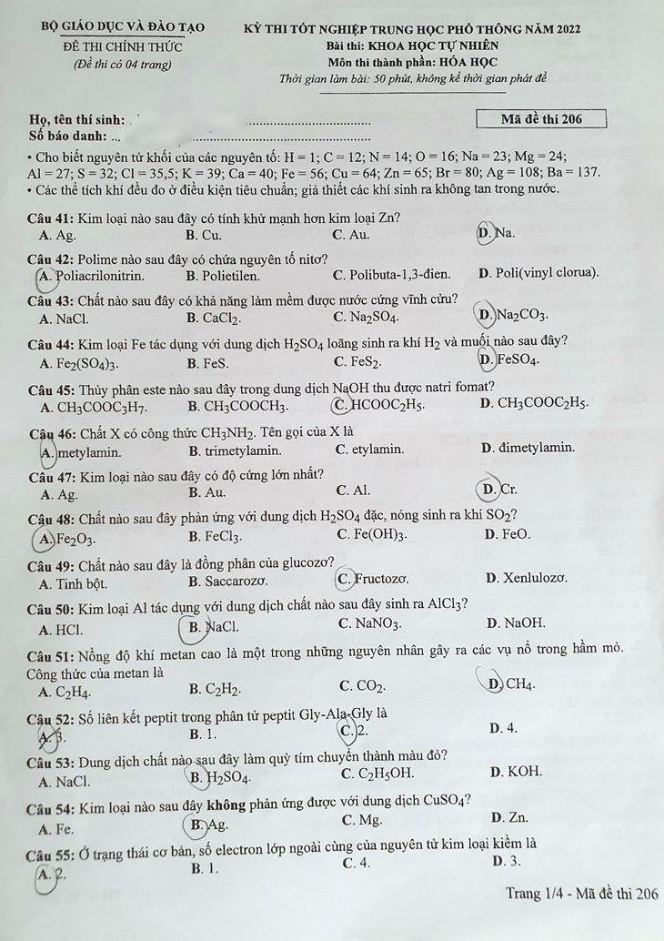 Đề thi môn hóa học kỳ thi tốt nghiệp THPT 2022 - Ảnh 1.