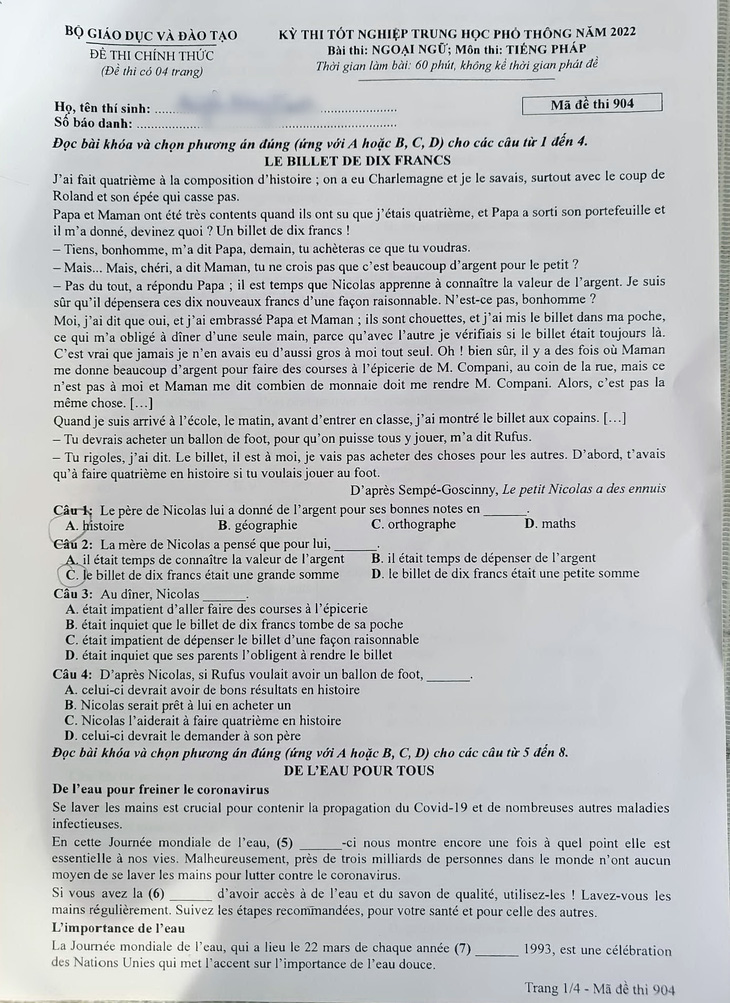 Đề thi tiếng Anh và tiếng Pháp kỳ thi tốt nghiệp THPT 2022 - Ảnh 5.