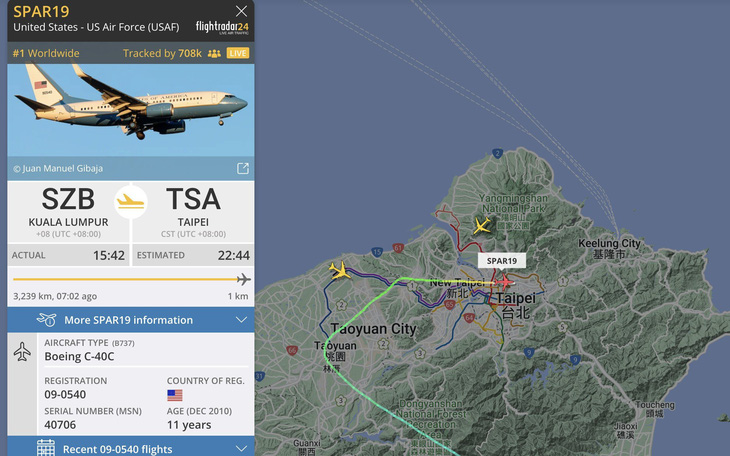 Chuyến bay SPAR19 được cho là có bà Pelosi đã đến Đài Loan lúc 21h44 tối 2-8