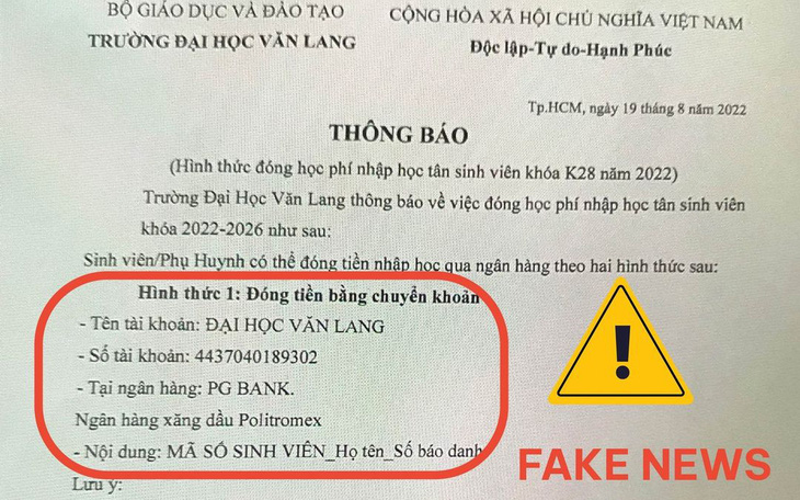 Mạo danh trường đại học thông báo tân sinh viên nộp học phí, đã có người chuyển tiền