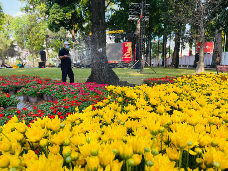 Nhân viên Công ty Công viên cây xanh TP.HCM chăm sóc hoa trước khi khai mạc Hội hoa xuân Tao Đàn năm 2022 - Ảnh: LÊ PHAN