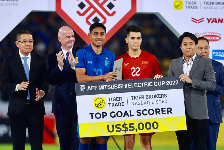 Tiến Linh (phải) cùng Terasil Dangda giành danh hiệu Vua phá lưới AFF Cup 2022 - Ảnh: N.K.