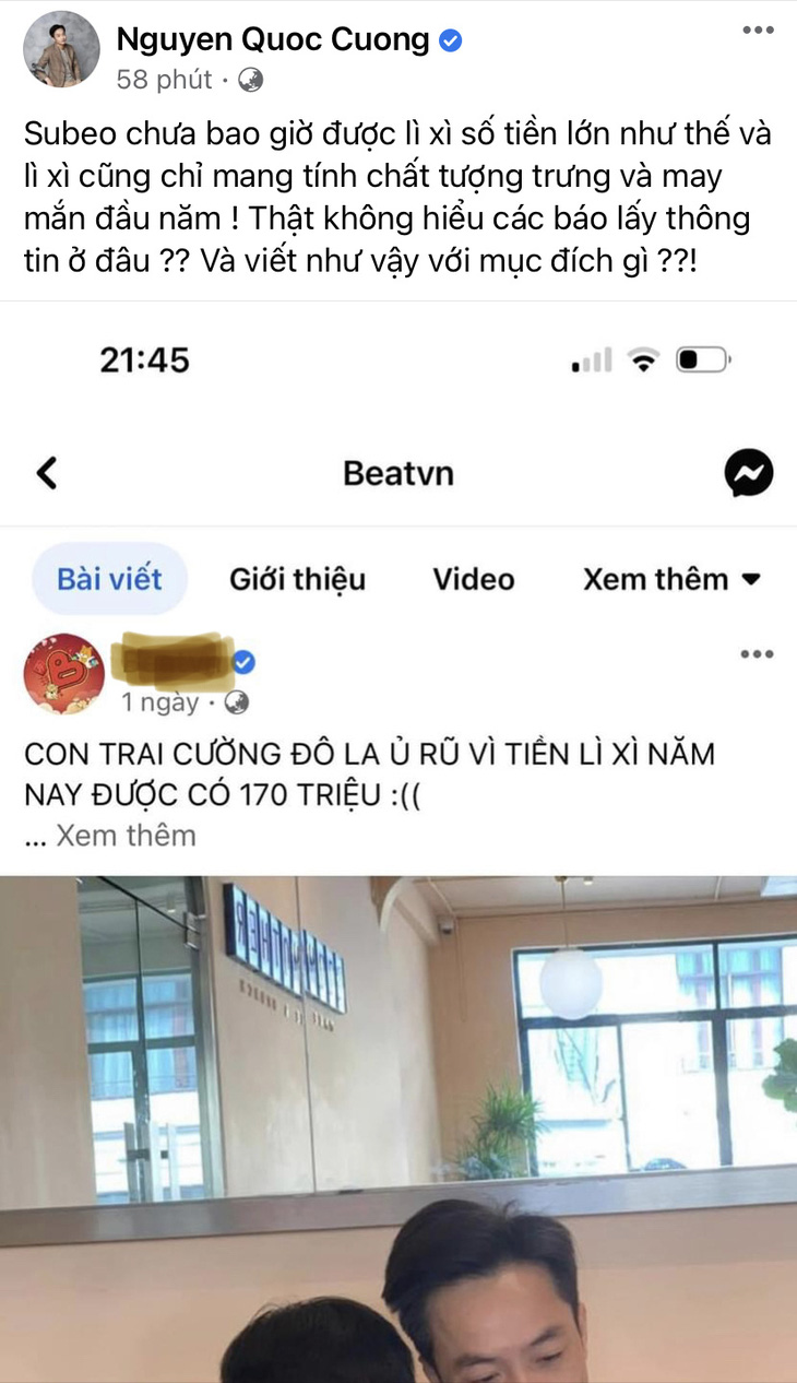 Hồ Ngọc Hà, Cường Đô la bức xúc vì tin đồn Subeo được lì xì 170 triệu đồng - Ảnh 1.