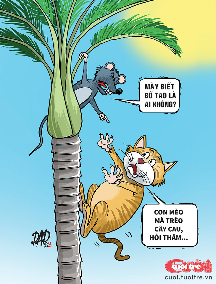 Con mèo trèo cây cau, đụng chú chuột gia thế khủng - Ảnh 1.