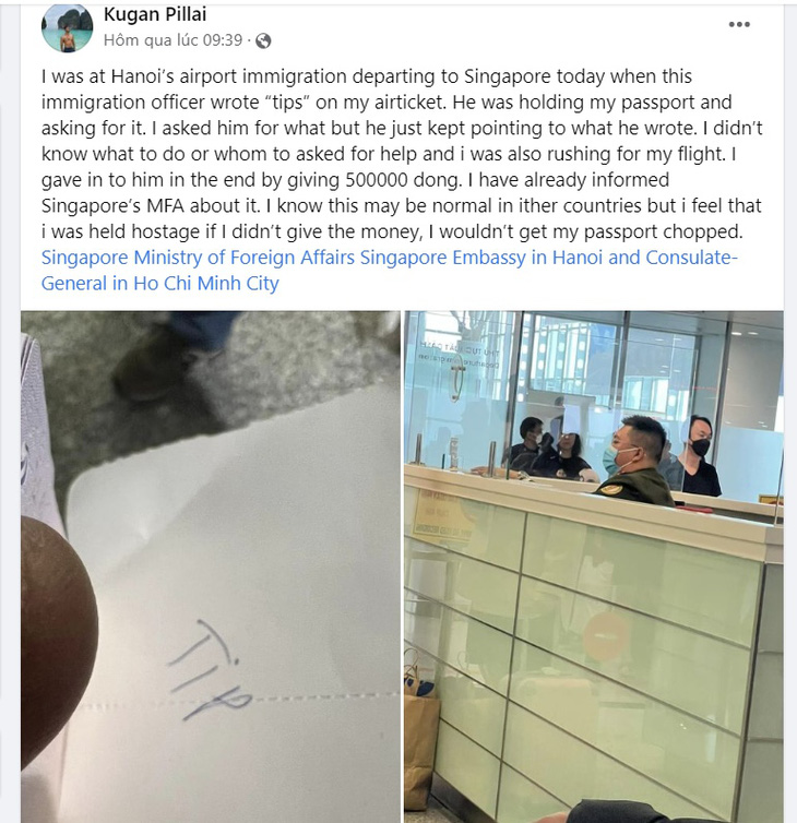 Đình chỉ nhân viên xuất nhập cảnh sân bay bị tố đòi tiền tip của khách Singapore - Ảnh 1.