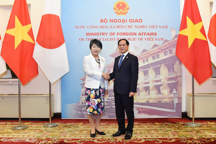 Bộ trưởng Ngoại giao Bùi Thanh Sơn bắt tay Ngoại trưởng Nhật Bản Kamikawa Yoko trước hội đàm - Ảnh: Báo Thế Giới & Việt Nam