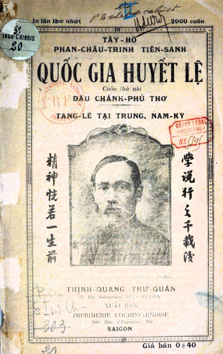 Trang bìa sách “Quốc gia huyết lệ” có chân dung cụ Phan Chu Trinh
