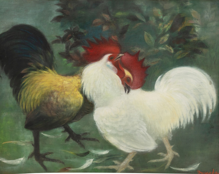 Bức tranh hiếm hoi ở thời kỳ đầu vẽ gà trống mang tên La bataille de coqs của Vũ Cao Đàm, vẽ năm 1952, (ước tính từ 150.000 - 250.000 Euro).