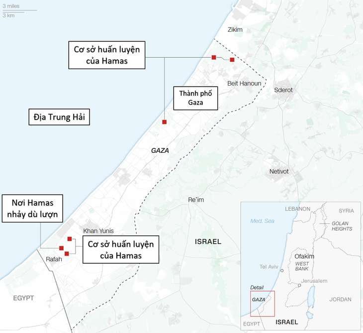 6 địa điểm được cho là nơi Hamas đã huấn luyện chiến binh trong 2  năm qua, nhằm chuẩn bị cho cuộc tấn công ngày 7-10 - Ảnh: CNN