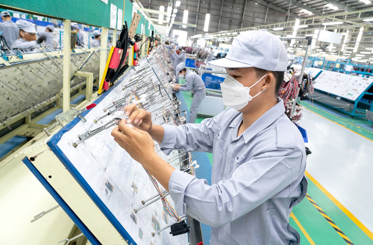 Công nhân lắp ráp dây điện cho dòng xe Kia Seltos ở Công ty THACO, Chu Lai, Quảng Nam - Ảnh: HỮU HẠNH