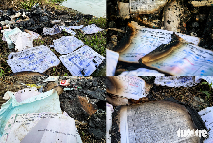 Khu vực dọc bờ sông Sài Gòn như một bãi rác, bởi các loại giấy tờ liên quan đến hoạt động khám chữa bệnh của phòng khám đa khoa Nguyễn Trãi - Thủ Dầu Một - Ảnh: CHÂU TUẤN
