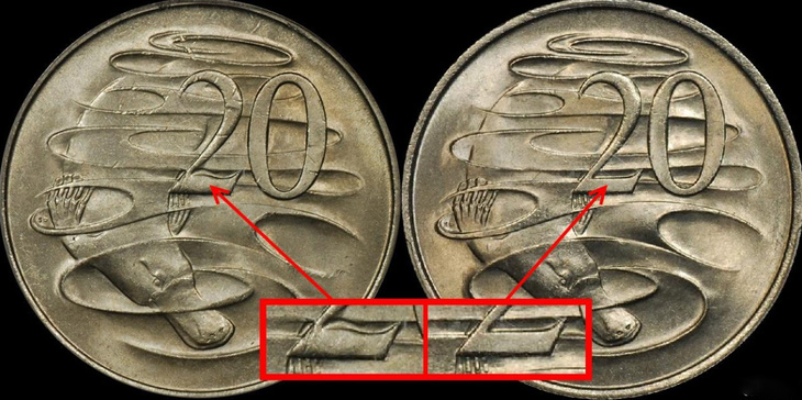 Hình ảnh lượn sóng trên đồng 20 cent (trái) và đồng xu thông thường (phải). Ảnh: australian-coins.com