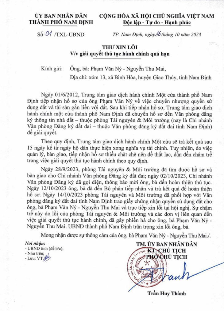 UBND TP Nam Định, tỉnh Nam Định gửi thư xin lỗi sau &quot;sự cố&quot; giải quyết thủ tục hành chính kéo dài... hơn 11 năm