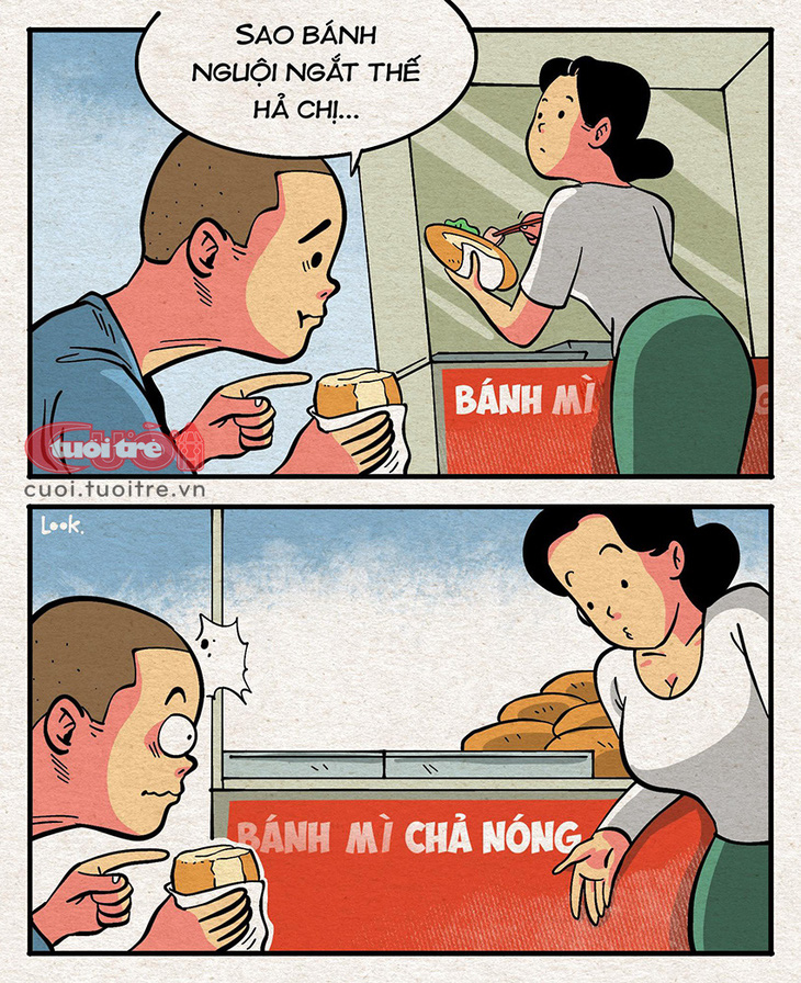 Chàng trai đành ngậm ngùi chấp nhận thua kém trình độ tiếng Việt so với bà bán bánh mì - Tranh: Look 