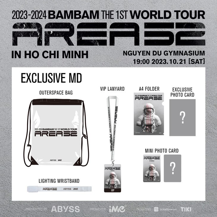 Các sản phẩm trong bộ Exclusive MD dành riêng cho các chủ sở hữu vé VIP Platinum tại 2023-2024 BamBam The 1st World Tour [AREA 52] in Ho Chi Minh.