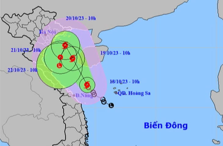 Vị trí và hướng di chuyển của bão số 5 lúc 10h sáng 18-10 - Ảnh: NCHMF