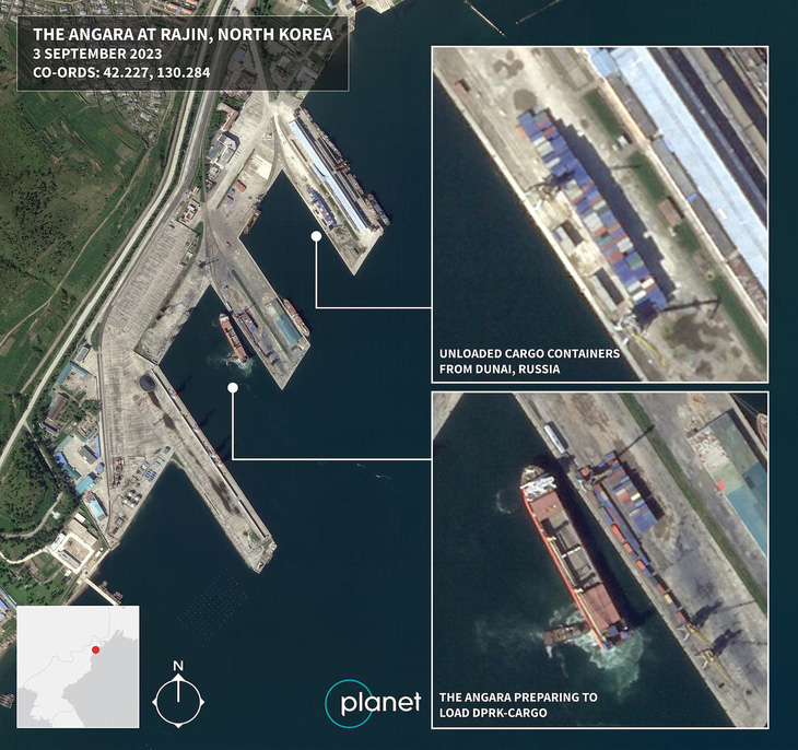 Hình ảnh vệ tinh cho thấy các chuyến tàu chở theo những container bí ẩn xuất hiện ở cảng Rajin (Triều Tiên) và cảng Dunai (Nga) trong thời gian gần đây - Ảnh: WASHINGTON POST