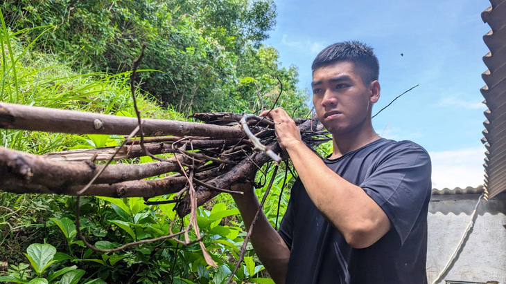 Tân sinh viên Trần Văn Lộc (Trường đại học Nông Lâm Huế) lên rừng nhặt củi về nấu cơm trưa - Ảnh: NHẬT LINH