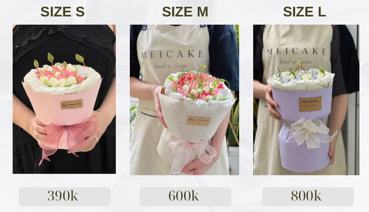 Các size bó hoa bánh kem phổ biến được một cửa hàng niêm yết giá - Ảnh: M.C.